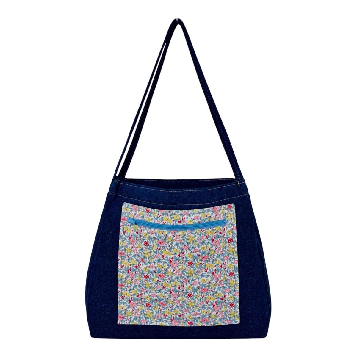 Blue denim tote bag with Liberty of London Forget Me Not Blossom pocket