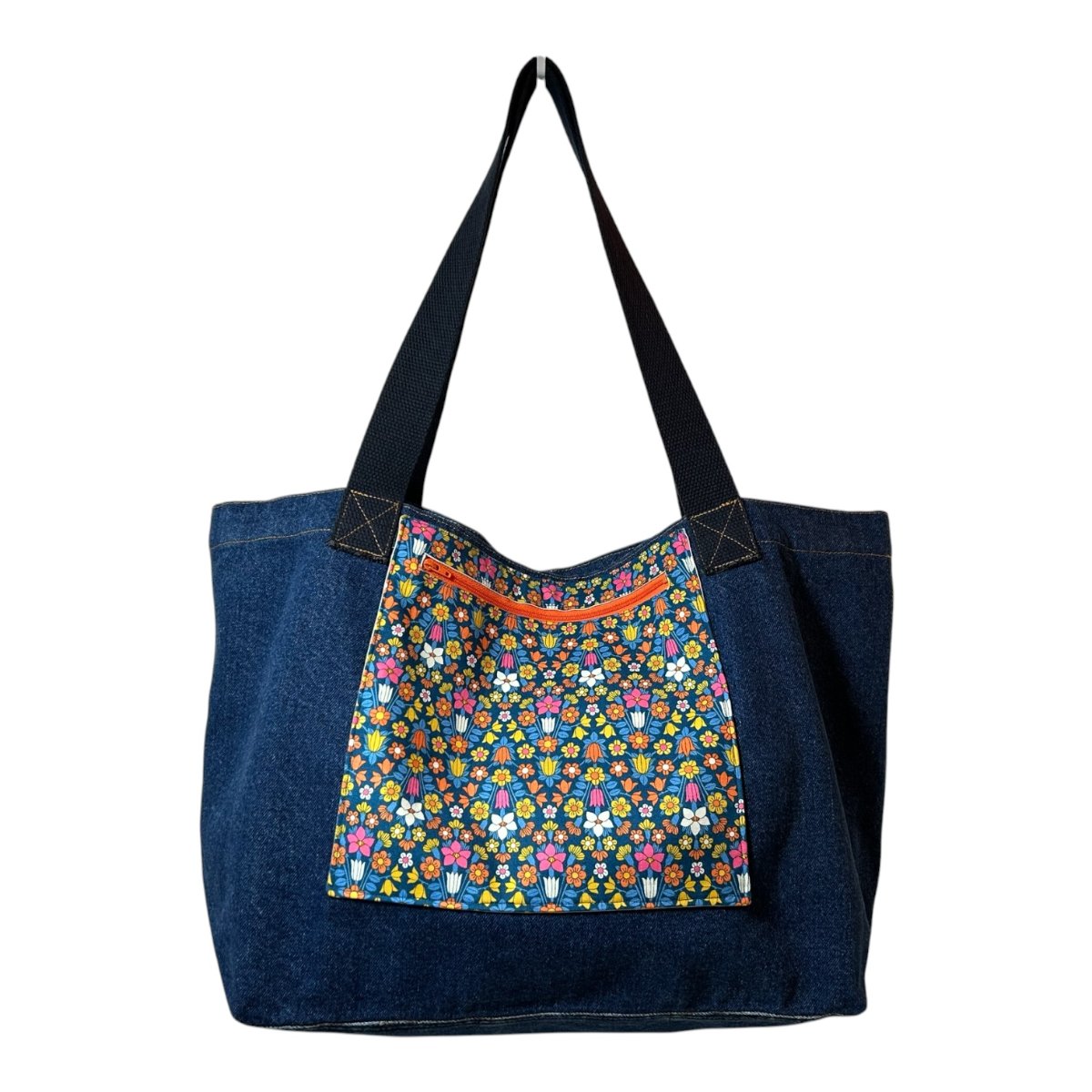 Blue denim tote bag 2 with Liberty of London Hampstead Meadow pocket