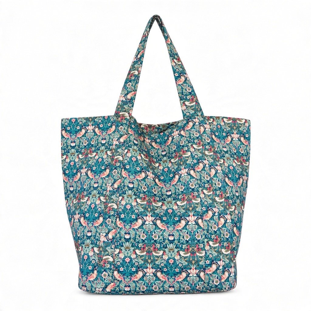 Insulated grocery tote in William Morris Strawberry Thief teal print