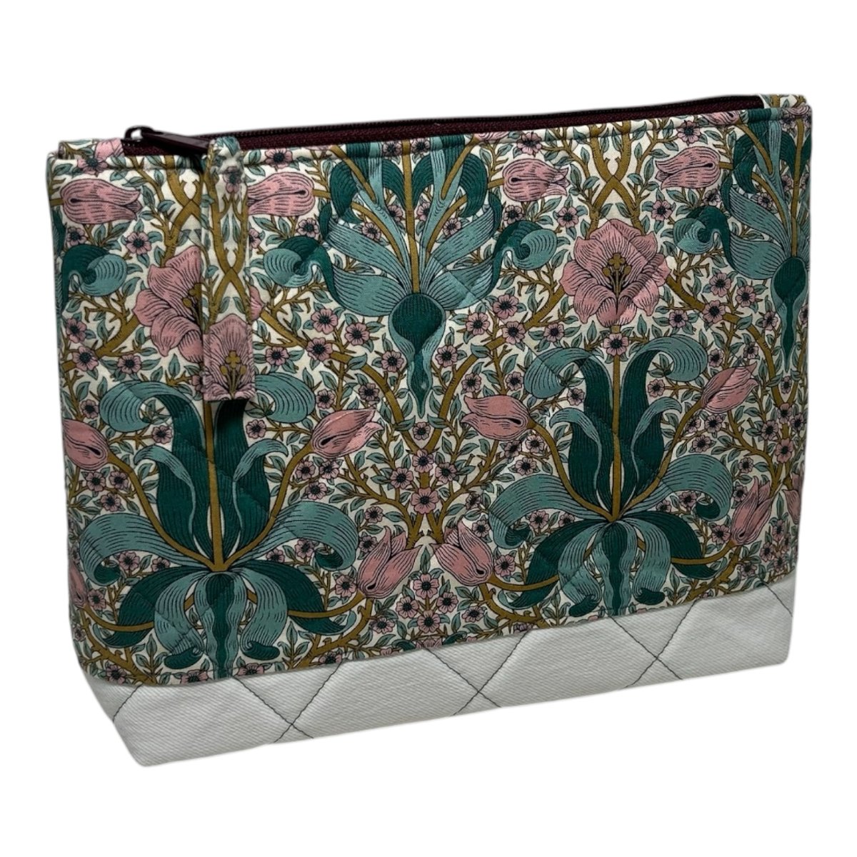 Spring Thicket makeup bag — quilted William Morris fabric with white denim bottom