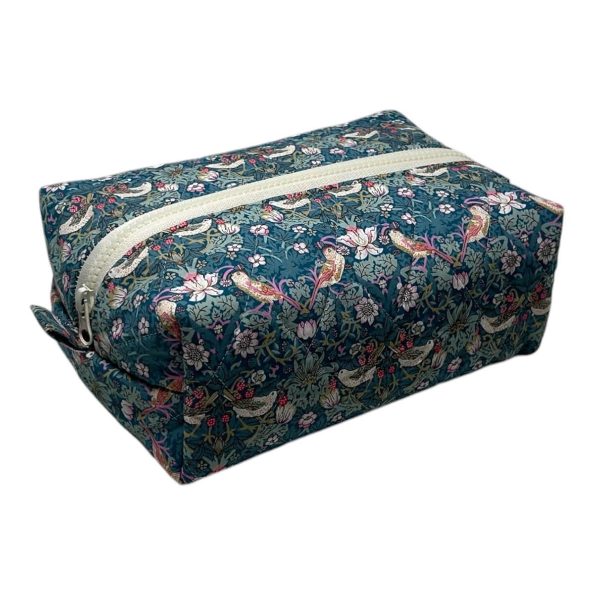Strawberry Thief Teal toiletry bag — quilted William Morris teal fabric with birds and strawberries