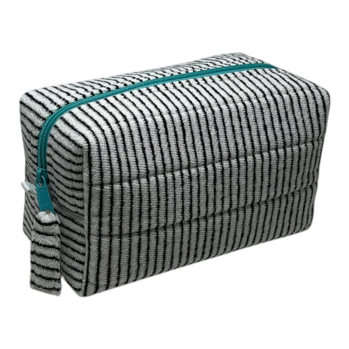 Terry Cloth Stripe toiletry bag — black and white striped terry cloth with teal zipper