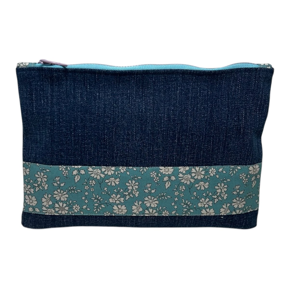 Capel denim pencil case — denim with Liberty of London blue Capel floral band and lavender zipper