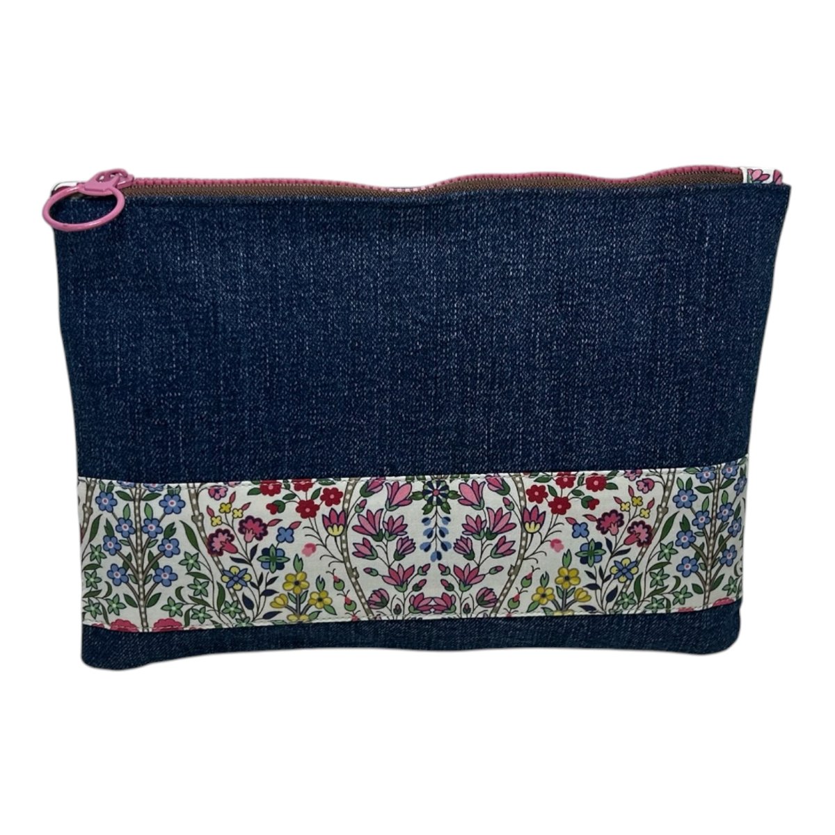 Kensington Park denim pencil case — denim with Liberty of London floral band and pink zipper