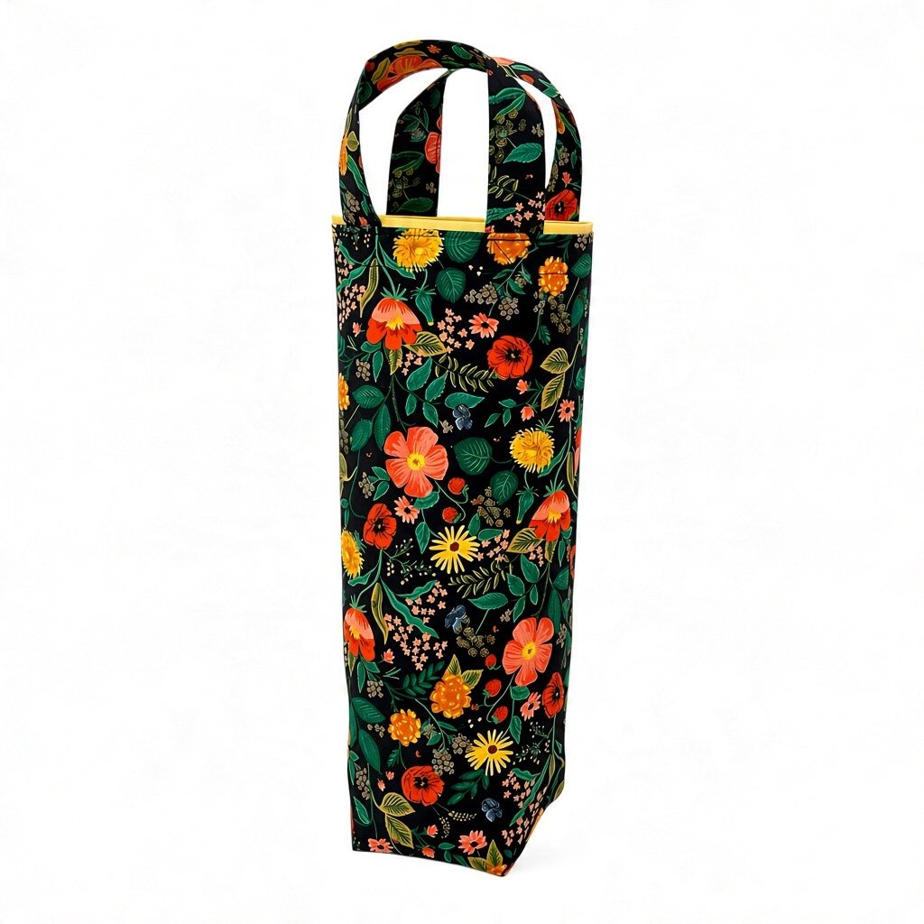 Wine bottle carrier in a black botanical floral print with yellow lining and fabric handles