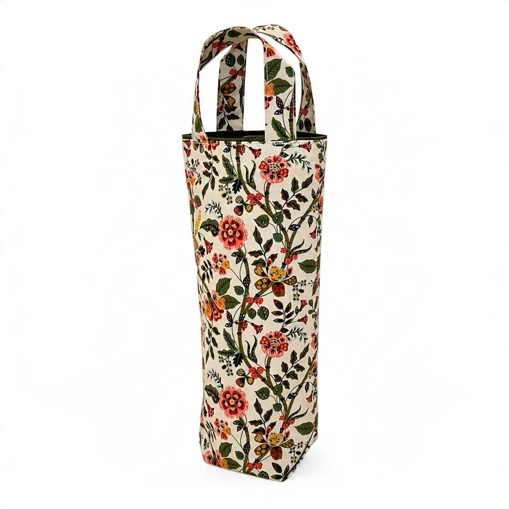 Wine bottle carrier in a cream Gracie floral print with olive green lining and fabric handles