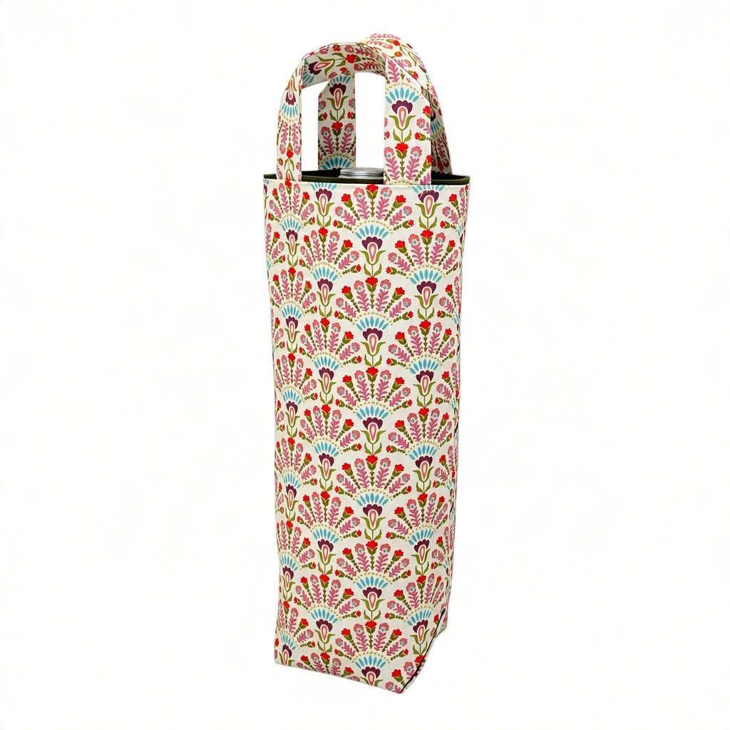 Wine bottle carrier in a cream Opaline fan-floral print with olive green lining and fabric handles